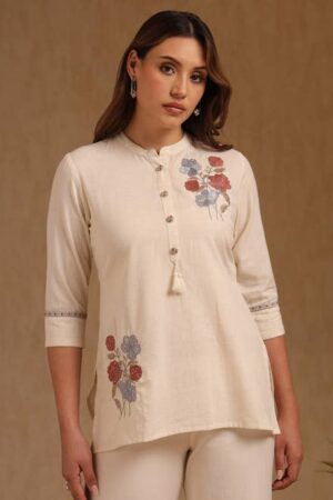 Beige Cotton Flex Embroidered Tunic With Thread Work
