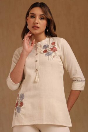 Beige Cotton Flex Embroidered Tunic With Thread Work