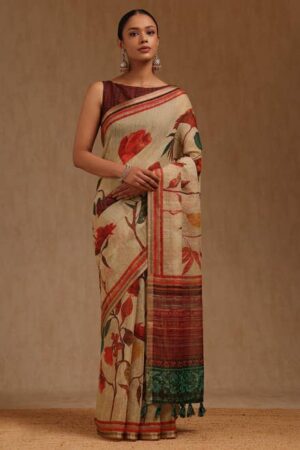 Beige Linen Blend Botanical Print Saree With Zari Woven
