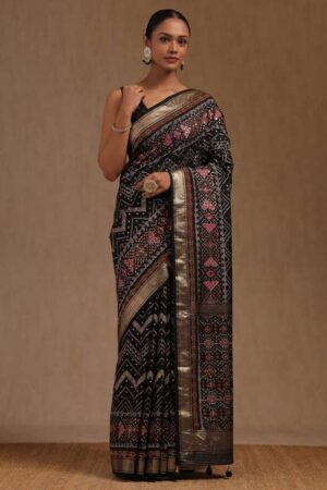 Black Dola Silk Chevron Saree With Stone Work
