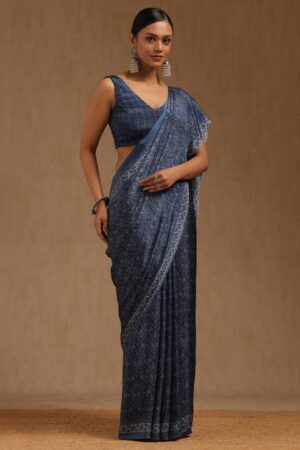 Blue Crepe Ethnic Motifs Saree