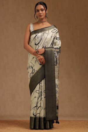 Cream Tussar Abstract Print Saree With Zari Woven