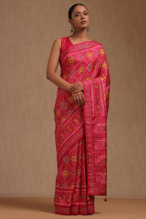 Fuchsia Dola Silk Patola Print Saree With Stone Work
