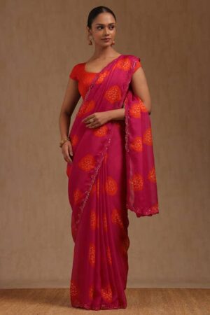 Fuchsia Georgette Bandhani Print Saree