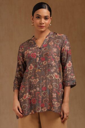Grey Silk Berry Floral Print Tunic