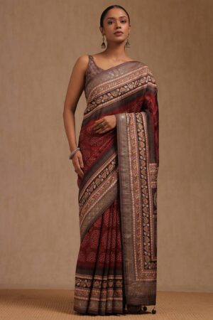 Maroon Dola Silk Kalamkari Saree With Stone Work