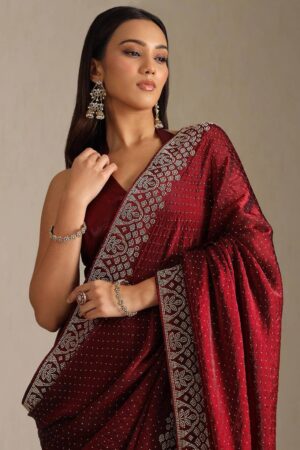 Maroon Satin Saree Stone Work