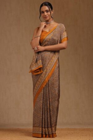 Mustard Crepe Ethnic Motifs Saree