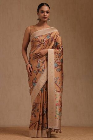 Mustard Tussar Floral Print Saree