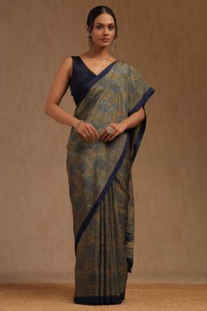 Navy Blue Crepe Floral Print Saree