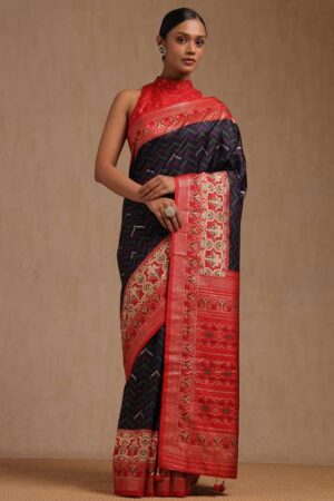 Navy Blue Dola Silk Chevron Saree