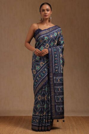 Navy Blue Dola Silk Patola Print Saree With Stone Work