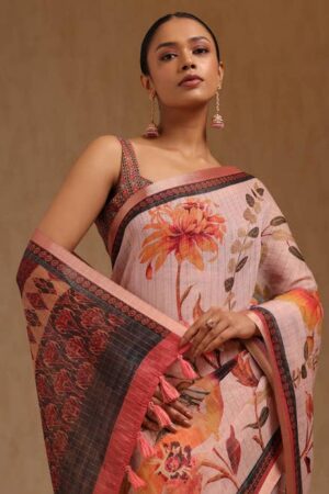 Peach Linen Blend Floral Print Saree With Zari Woven