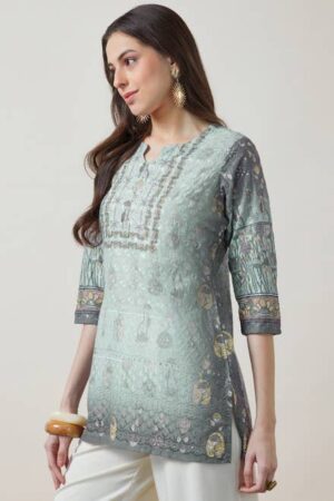 Powder Blue Cotton Blend Floral Embroidered Tunic With Schiffli