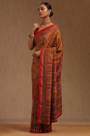 Red Crepe Ethnic Motifs Saree
