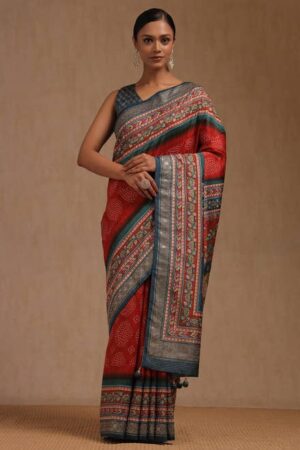 Red Dola Silk Kalamkari Saree With Stud Work