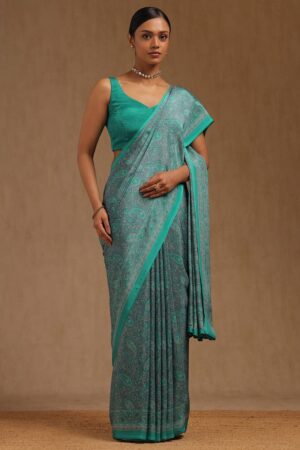 Teal Green Crepe Paisley Print Saree