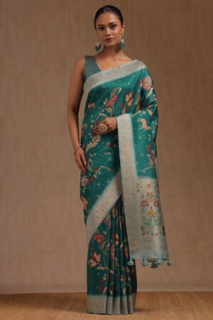 Teal Tussar Floral Print Saree